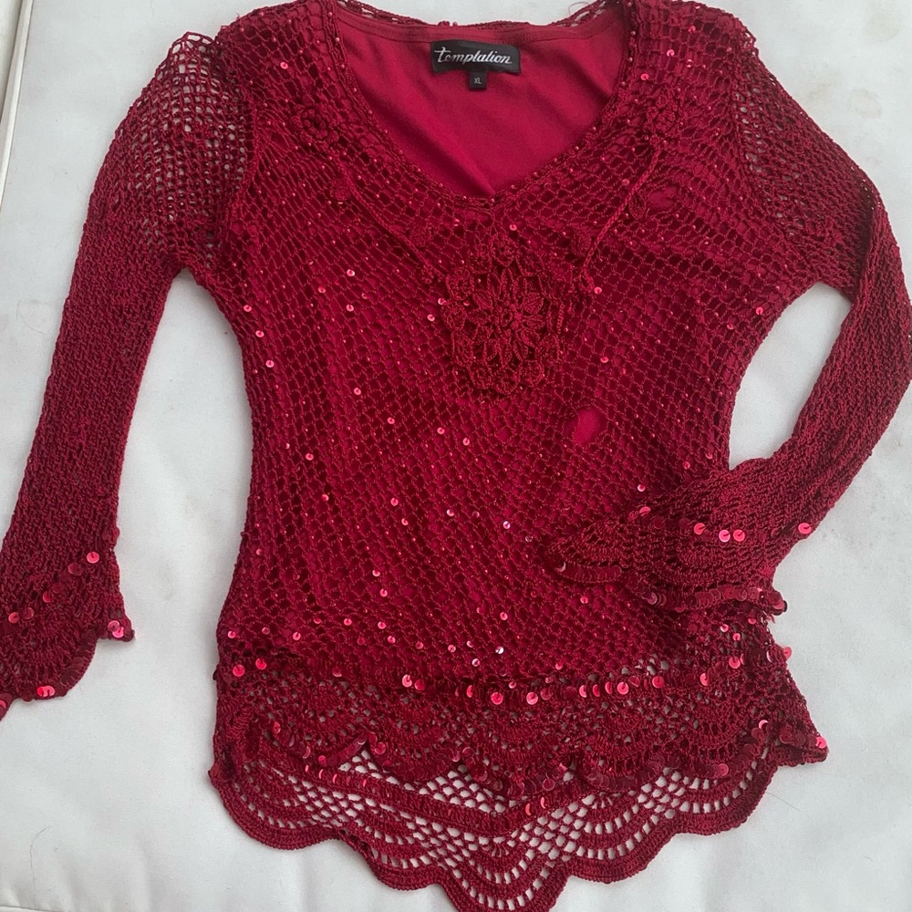 Temptations Burgundy Crochet Sequin Blouse